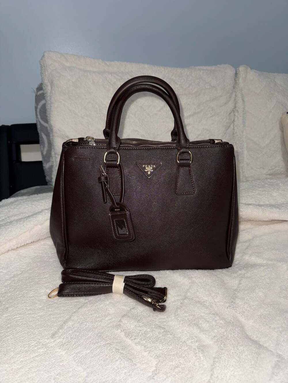 Prada Medium Saffiano Leather Galleria Double Zip Tote Bag - Dark Brown